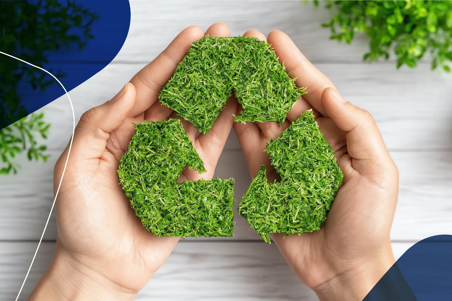 Símbolo de reciclaje sobre fondo vegetal representando la apuesta de Proquimia por la innovación sostenible, la economía circular y la reducción de recursos en todo el ciclo de vida del producto.