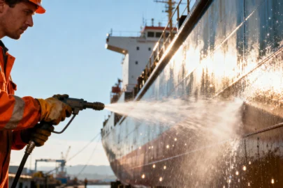 Eliminación de óxido en casco de barco durante mantenimiento náutico