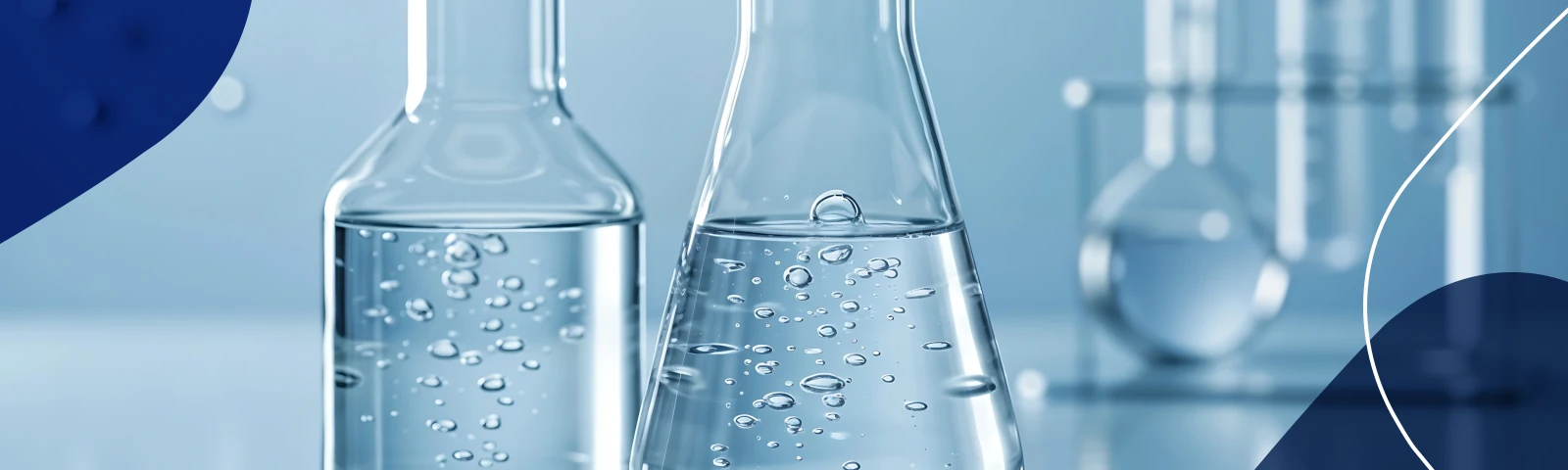 Frascos de laboratorio con soluciones transparentes utilizados en procesos de formulación, simbolizando el desarrollo de productos MDD personalizados para el canal retail.
