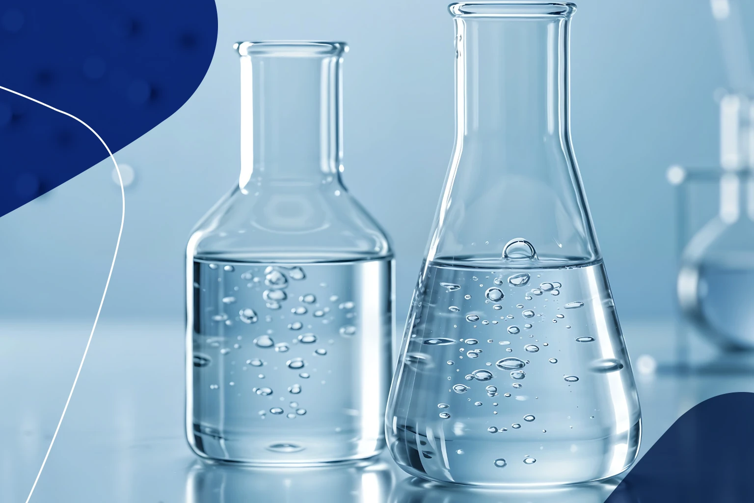 Frascos de laboratorio con soluciones transparentes utilizados en procesos de formulación, simbolizando el desarrollo de productos MDD personalizados para el canal retail.
