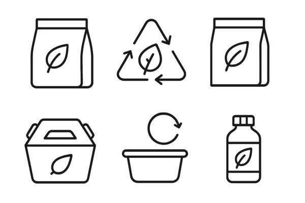 Iconografía de packaging sostenible para MDD Iconos de packaging sostenible y reciclable para MDD