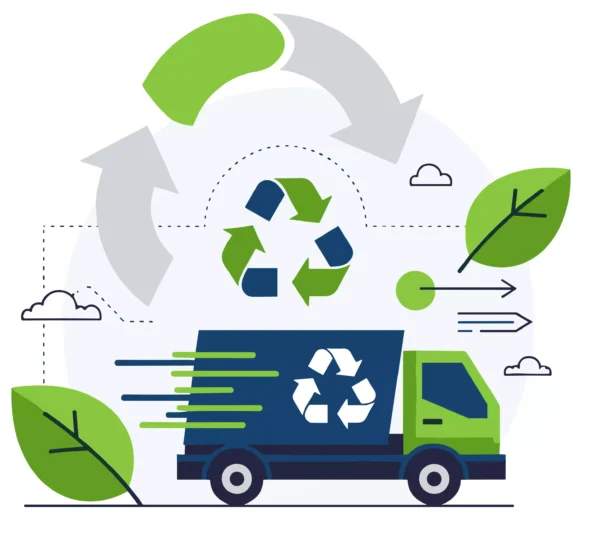 Logística sostenible y economía circular en Proquimia Camión ecológico con símbolo de reciclaje y flechas de economía circular.
