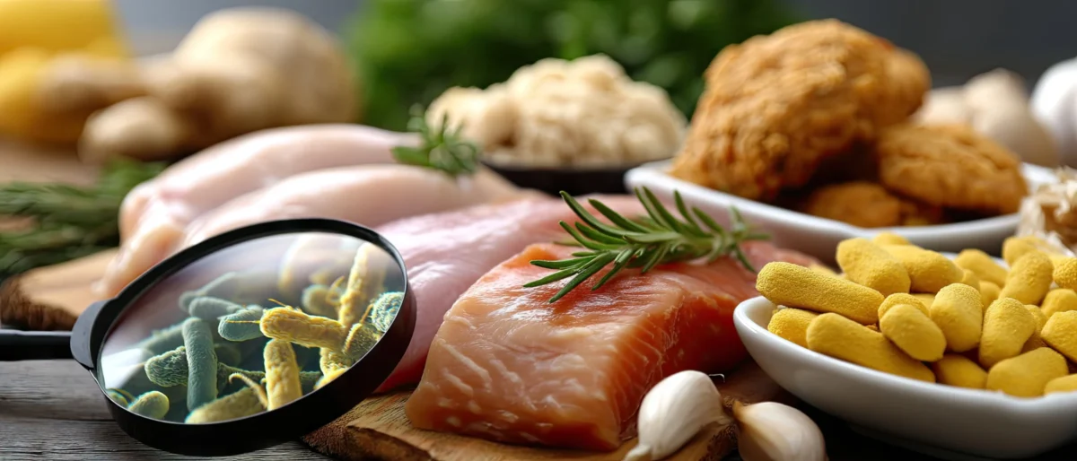 Carne de frango, salmão e outros alimentos com uma representação ampliada da bactéria Salmonella, ilustrando o risco de contaminação na indústria alimentar.